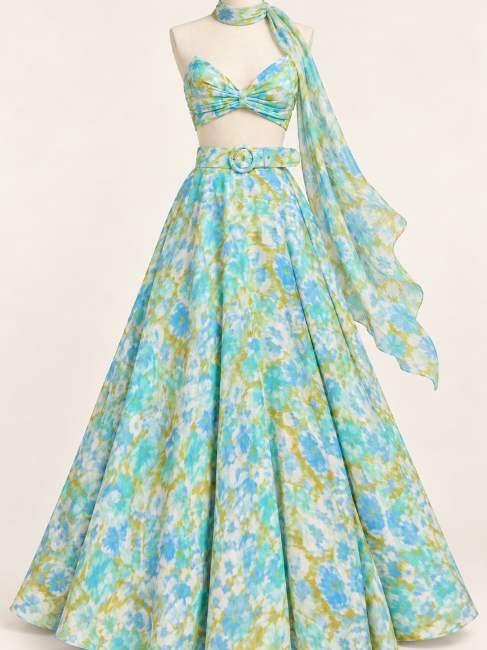 Zimmermann High Tide Aqua Ikat Floral Top & Maxi Skirt Set